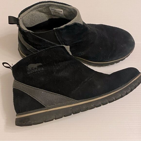 Sorel black suede leather Cozy Short ankle booties flat snow pull on round toe 9 - Picture 2 of 12